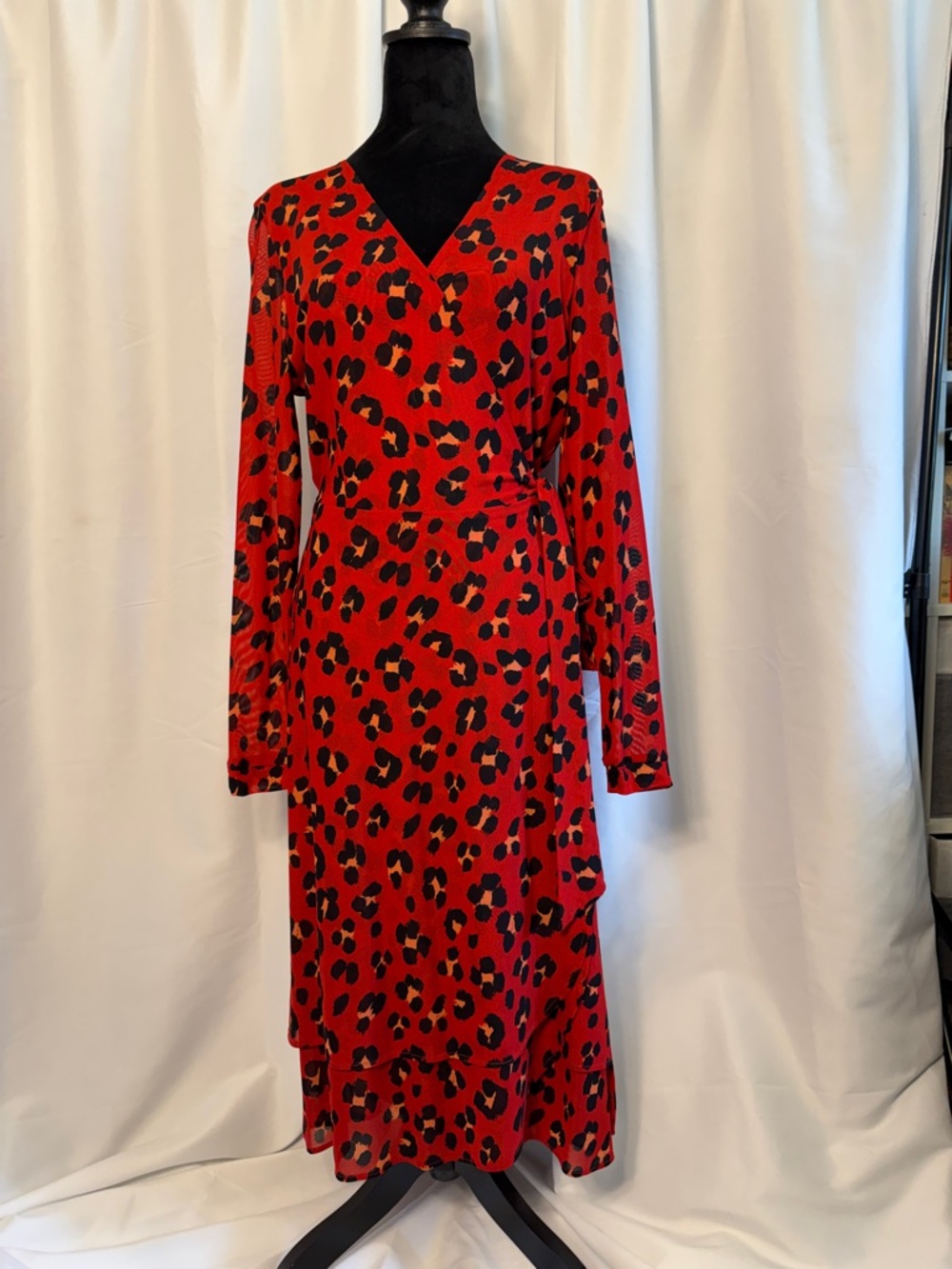 CAbi Red and Black Leopard Print Wrap Midi Dress